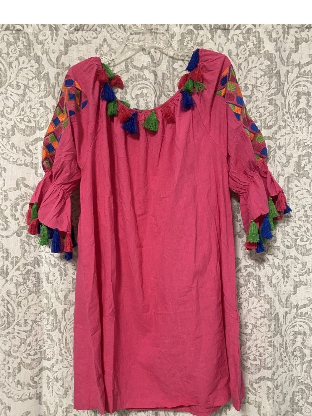 Velzera  Tunic Dress Pink Cotton Boho Fiesta Geometric Embroidered Tassles 3x